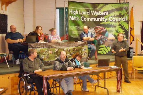 Hank Rowlinson, manager of community relations with the Métis Nation of Ontario spoke at the High Land Waters Métis Council meeting in Northbrook on January 31 with council members back row l-r, Thomas Thompson, Deirdre Thompson, Gwendalyn Lloyd, and Robert Lloyd; front row, l-r, Terry Conners, Marlon Lloyd and Candace Lloyd